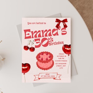 Modelo de convite de aniversário retrô com tema cereja – rosa e vermelho, estilo Y2K, convite editável para festa de aniversário dela, download digital