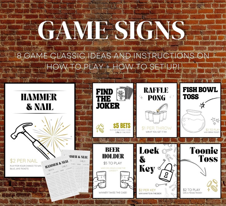 Jack and Jill Games Editable Sign Bundle White Gold Themed Stag and Doe