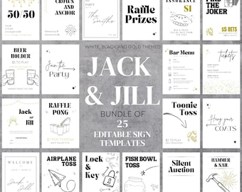 Jack and Jill Editable Sign Bundle | Stag and Doe Wedding Signs | White and Gold Theme | Includes Games, Fund Raising Signs + More