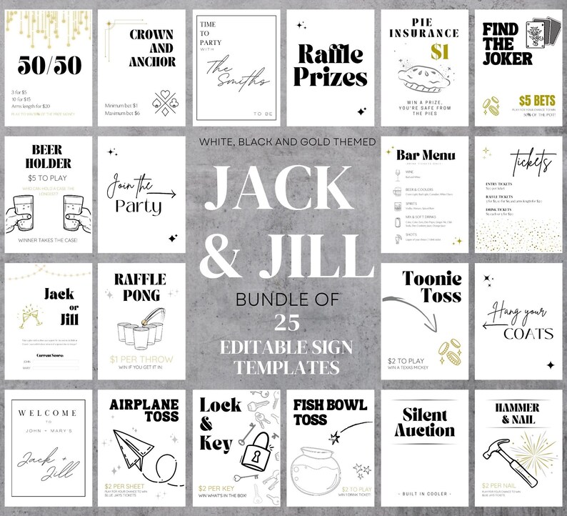 Jack and Jill Editable Sign Bundle Stag and Doe Wedding Signs White and Gold Theme Includes