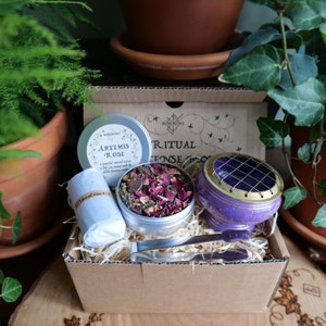 Ritual Incense Kit with purple burner + incense blend + charcoal + tongs