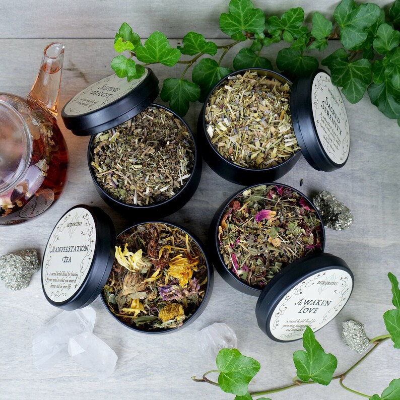 Magickal Tea Selection box of four cauldron teas loose leaf blends with tea strainer and fill-you-own tea bags image 1