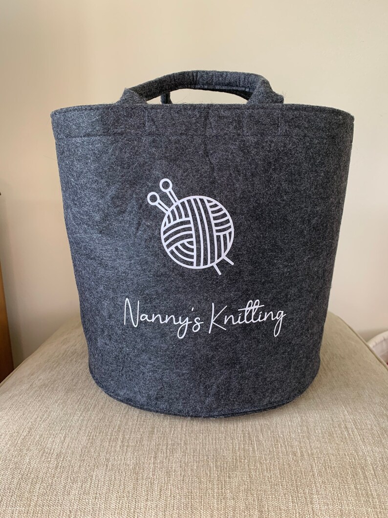 Nanny's Knitting Knitting Basket Personalised Knitting Basket Knitting Bag Mum's Knitting Basket Crochet Basket Knitting Gift Dark Grey Felt