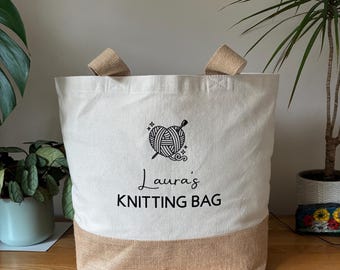 Personalized Canvas Knitting Bag: Heart Design, Crochet Project Storage, Craft Bag