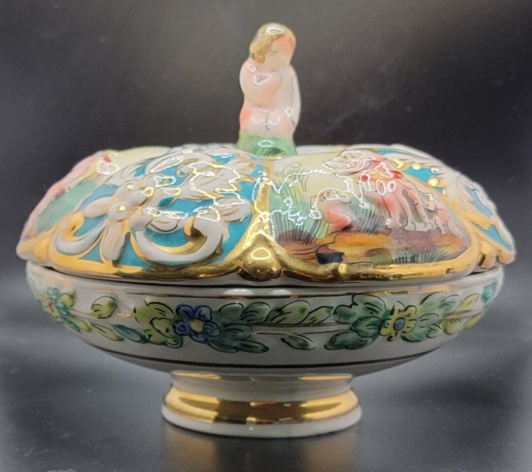 Vintage Italy Capodimonte Candy Dish With Lid Including a Cupid Finial