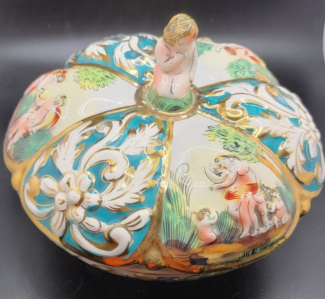 Vintage Italy Capodimonte Candy Dish With Lid Including a Cupid Finial