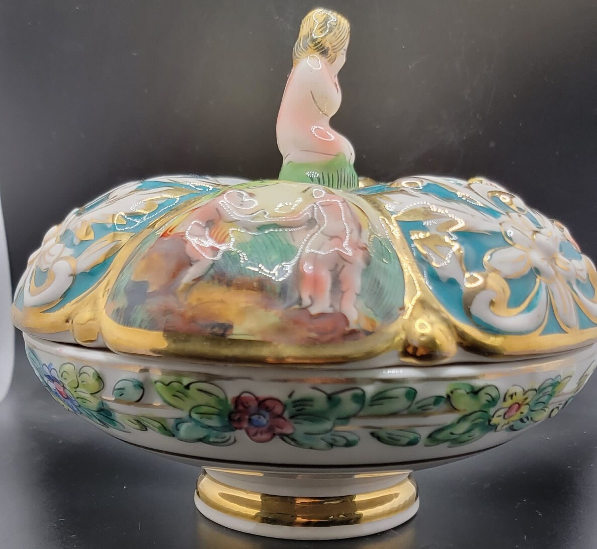 Vintage Italy Capodimonte Candy Dish With Lid Including a Cupid Finial