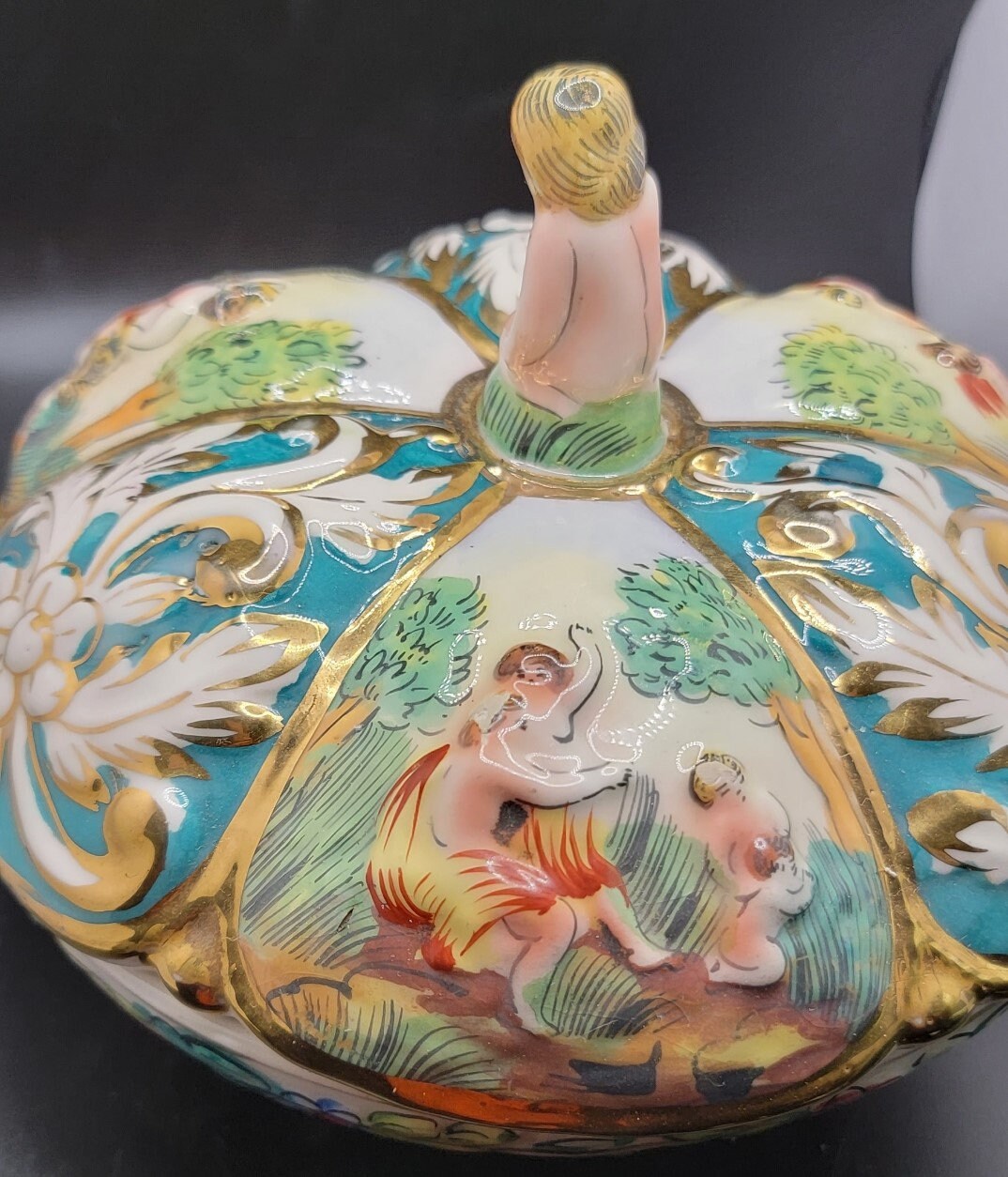 Vintage Italy Capodimonte Candy Dish With Lid Including a Cupid Finial