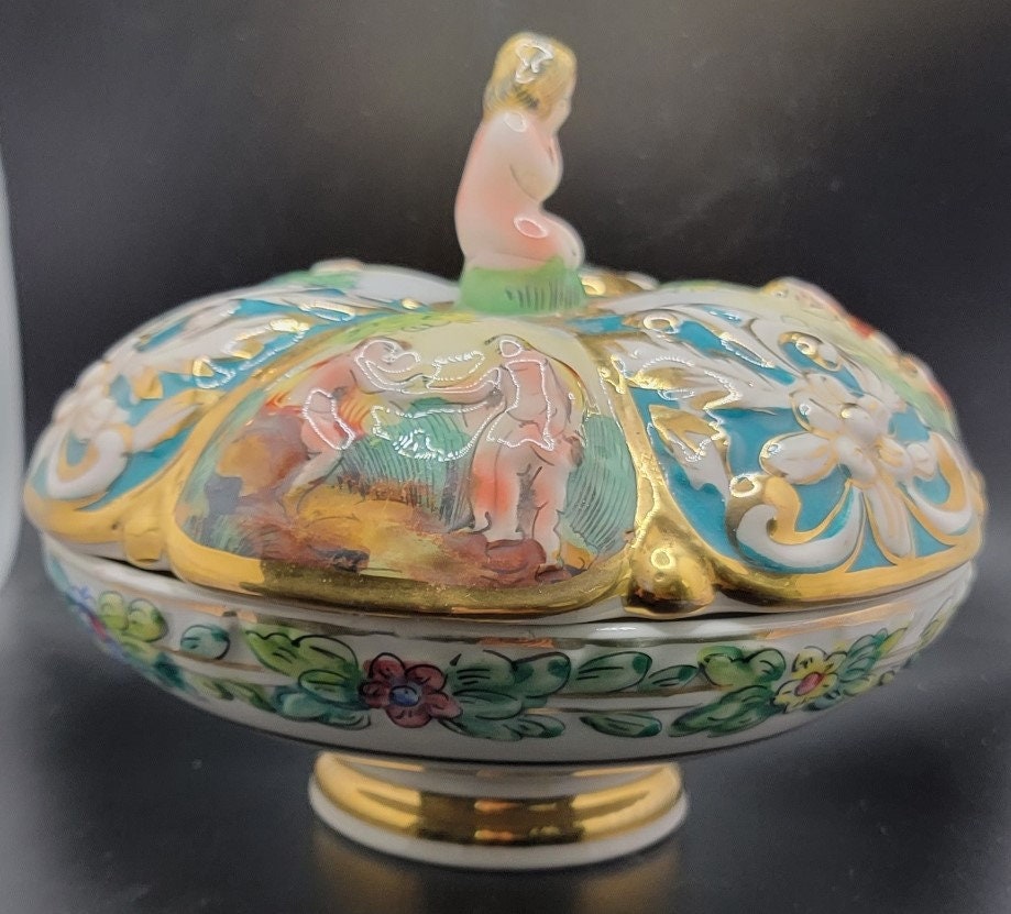 Vintage Italy Capodimonte Candy Dish With Lid Including a Cupid Finial