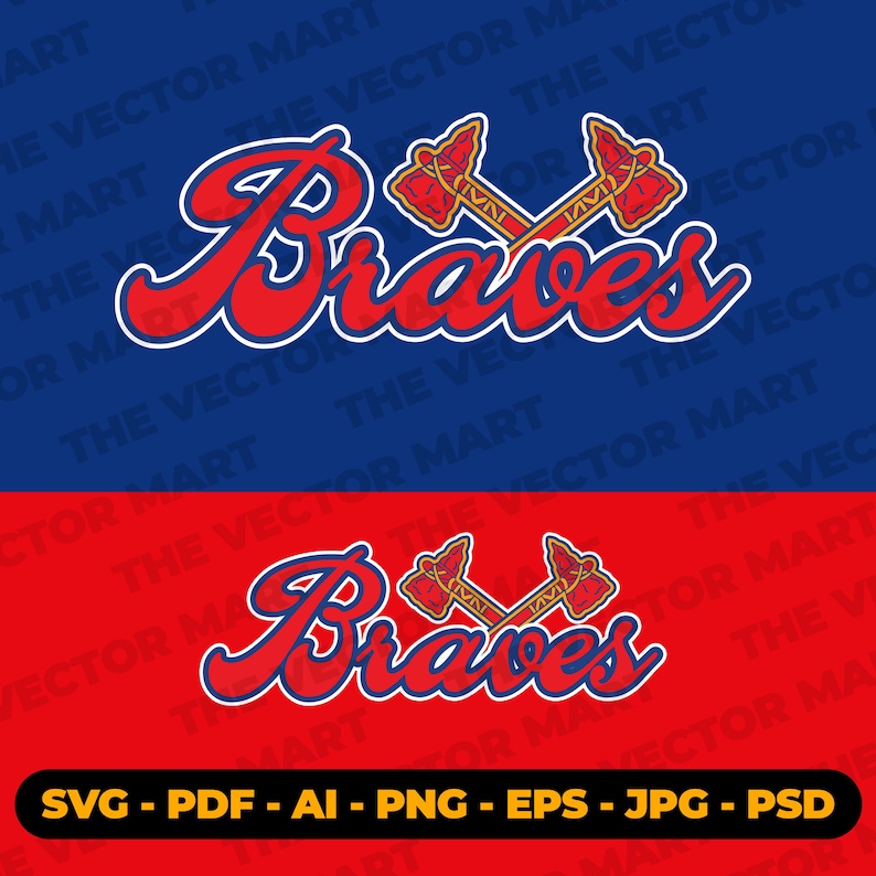 Puede incluir: Logotipo de los Bravos en rojo y blanco con tomahawks cruzados sobre un fondo azul y rojo. La palabra "Braves" est&aacute; escrita en una fuente de escritura estilizada. La imagen incluye opciones de formato de archivo: SVG, PDF, AI, PNG, EPS, JPG y PSD.