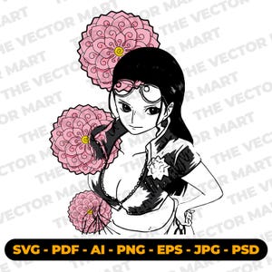 May include: Black and white line art illustration of a woman with long black hair wearing a black and white top with a pink flower design. The woman is wearing a headband with a large circle design. The background is white with a repeating pattern of the words "The Vector Mart".