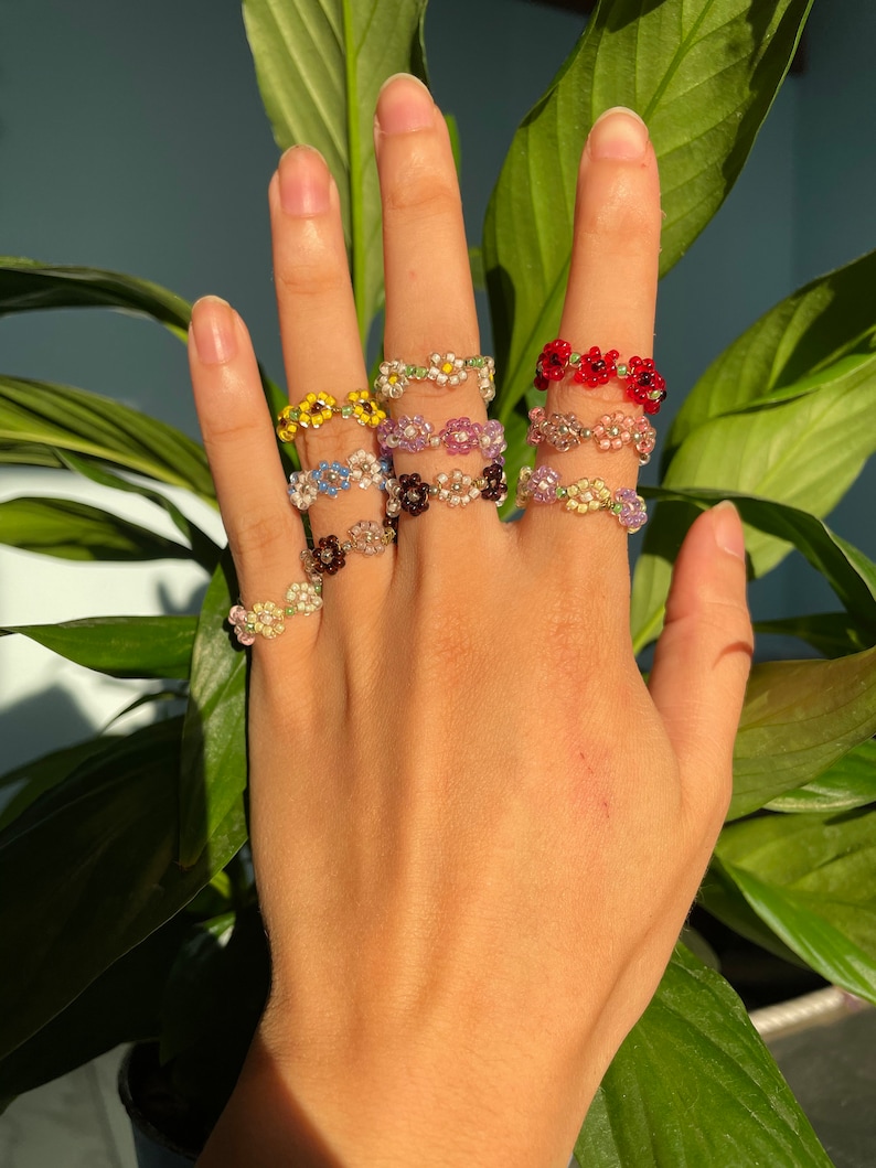 Beaded Flower Rings Cottagecore Ring Rainbow Beaded Ring Etsy