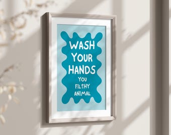 Wash Your Hands Printable Art Turquoise Splash Retro Print Funny Restroom Decor Bathroom Wall Art Vintage Art Trendy Decor Digital Download
