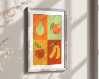 Retro-Küchenposter, Pop-Art-Frucht-Wandbild, Trendiges Küchenposter zum Ausdrucken, Bunte Frucht-Wanddeko, Birne, Apfel, Orange, Banane – Ausgefallener Wanddruck