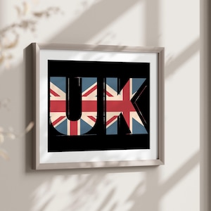 UK Wall Print, United Kingdom, Great Britain, British Union Jack Typography Poster, Trendy Union Jack Flag Wall Art, England Travel Poster