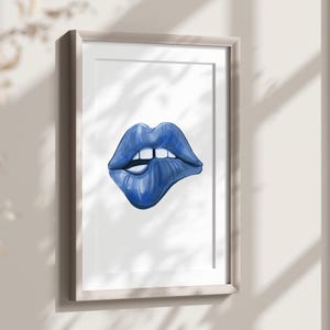 Lips Wall Art Print, Trendy Blue Lips Poster, Electric Blue Decor, Blue Wall Art, Retro Bedroom Print, Fashion Wall Decor, Funky Fashion Art