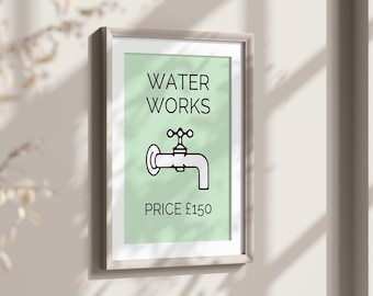 Water Works Monopoly Bathroom Print, Quirky Bathroom Decor, Funny Bathroom Print, Cloakroom Printable Wall Art, Waterworks 150 Fun Loo Art