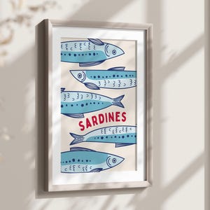 Sardines Art Print, Kitchen Wall Art Digital Download, Sardine Poster, Kitchen Food Poster, Green Stripe Decor Trendy Fish Print, Dining Art