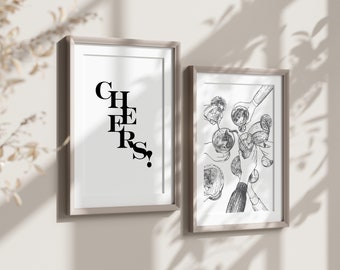 Trendy Cocktail Wall Art Set of 2, Bar Cart Prints, Cheers Print Bar Cart Decor, Retro Kitchen Wall Art, Bar Cart Art Digital Print Set Gift