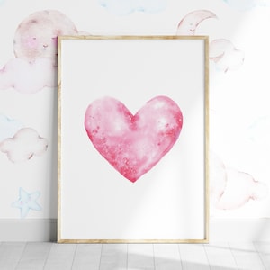 Watercolour Heart Printable Wall Art, Pink Nursery Décor, Love Heart Poster, Bedroom Wall Print, Love Gift Instant Download, Kids Room Decor