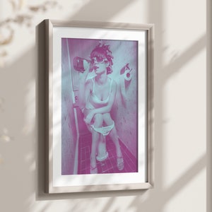 Girl Drinking on Toilet, Drinking in the Bathroom Wall Print, Bathroom Decor, Bathroom Accessories, Pink Bathroom Art, Funny Toilet Wall Art