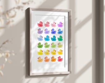 Rubber Duck Bathroom Wall Art Print, Rainbow Art Digital Download, Trendy Bathroom Wall Decor, Bathroom Duck Poster, Cute Kids Bathroom Art