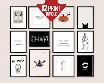 May include: A collection of twelve framed Halloween-themed prints. The prints feature various spooky illustrations and quotes, including a pumpkin, ghosts, skeletons, and the text "Halloween". The prints are in black frames.
