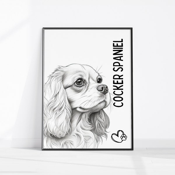 Printable Spaniel Sketch, Cocker Spaniel Wall Art, Dog Lover Gift, Instant Download, Pet Home Décor, Animal Lover Print, Cocker Spaniel Gift