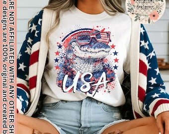 Design patriottico USA con alligatore / Download digitale / File PNG / Design DTF per sublimazione / Rosso, bianco e blu / Stampa leopardata / Tendenza 4 luglio