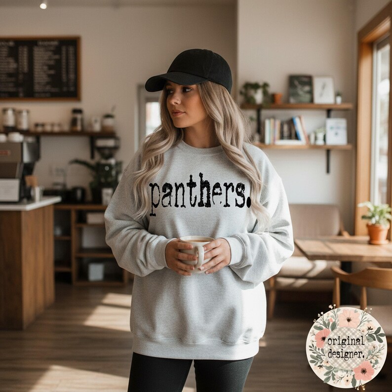 Panthers Typography Mascot Design | Digital Download | PNG File | Distressed Design | Sports School Teams shown in a professional product listing photo