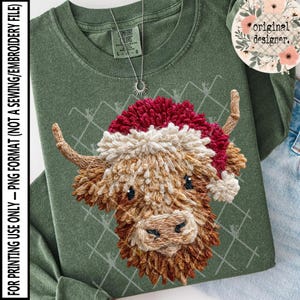 Latch Hook Yarn Crochet Noël Vache Highland Téléchargement numérique | Fichier PNG | Animal de vacances d'hiver