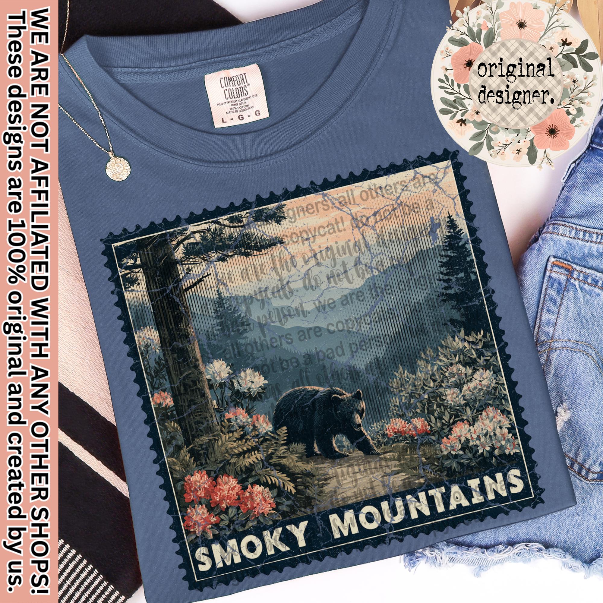 Smoky Mountains Stamp Design | Digital Download | PNG File | Sublimation- DTF Design | National Park Trails| Distressed Vintage Design