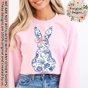 Toile Bunny with Coquette Bow Design | Digital Download | PNG File | Easter Bunny Animal | Blue Floral | Spring