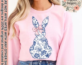 Toile Bunny with Coquette Bow Design | Digital Download | PNG File | Easter Bunny Animal | Blue Floral | Spring