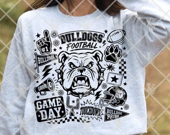 Descarga digital del día del partido de los Bulldogs, diseño de fútbol en formato PNG para decoración deportiva.