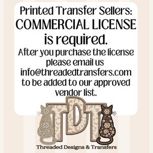 Commercial license notice for printed transfer sellers, stating email address and featuring logo with cats and letters TDT.
