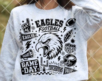 Diseño digital para imprimir con temática de espíritu de equipo, descarga gratuita del partido de fútbol americano de los Eagles en formato PNG para deportes escolares.