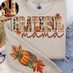 Grateful Mama Fall Plaid with Sleeve Design | Digital Download | PNG File | Sublimation | DTF | Fall | Autumn | Pumpkins