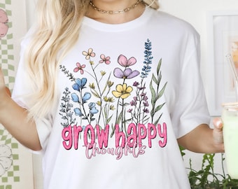 Grow Happy Thoughts Floral Design | Digital Download | PNG File | Hand Painted Flowers Spring Summer Wildflower