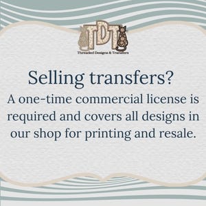 Text stating that a one-time commercial license is required for selling transfers covering all designs in the shop.