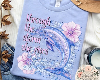 嵐を抜けてイルカのデザイン | デジタルダウンロード | PNGファイル | メンタルヘルス レトロ トレンディ フローラル | 春夏