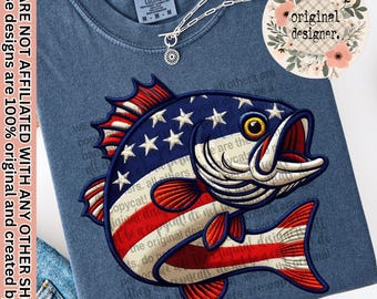 Diseño de camiseta de pesca para el 4 de julio con diseño de pez lubina patriótico de EE. UU. (descarga digital PNG)