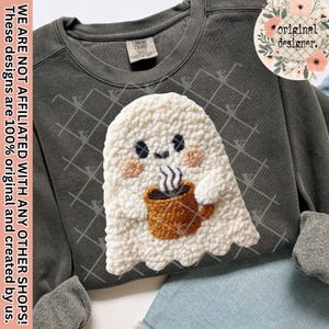Latch Hook Yarn Crochet Ghost Coffee Design | Digital Download | PNG File |  Fall Halloween Pumpkin Retro Trendy