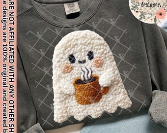 Latch Hook Yarn Crochet Ghost Coffee Design | Digital Download | PNG File |  Fall Halloween Pumpkin Retro Trendy