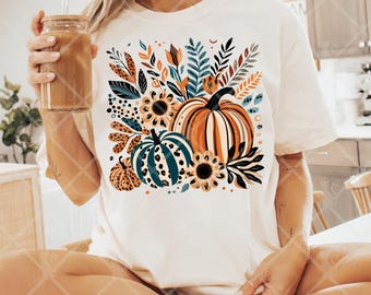 Painted Pumpkin Leopard Floral Design Harvest Digital Download PNG | Fall Halloween Boho