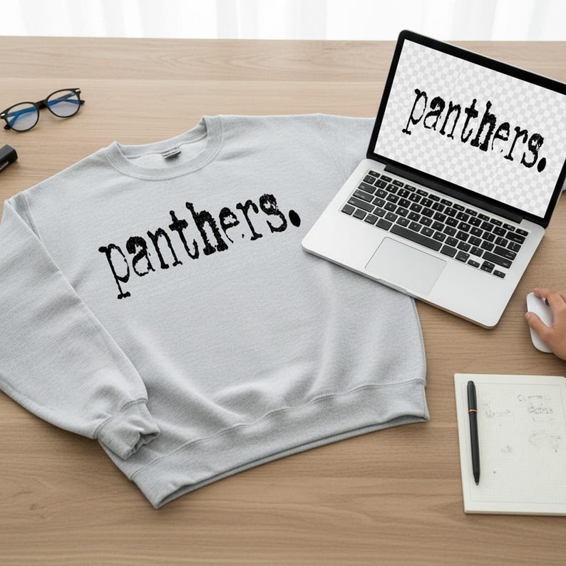 Panthers Typography Mascot Design | Digital Download | PNG File | Distressed Design | Sports School Teams shown in a professional product listing photo
