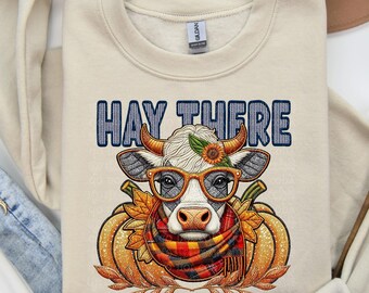 Fall Cow Design Hay There Digital Download, Pumpkins Autumn Farm PNG