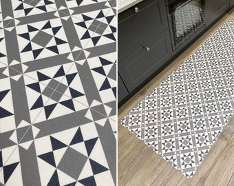 Vinyl Area Rug in Grey Geometric Pattern, Decorative Linoleum Mat, PVC Kitchen Runner Rug, Victorian Tile Design Floor Mat For Hallways