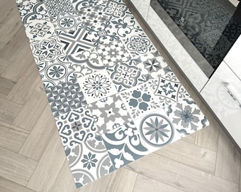 Kitchen Runner Floor Mat in Blue, Grey and White Mixed Moroccan Tile Pattern, Geometric Decorative Lino Rug For Hallways and Bathrooms