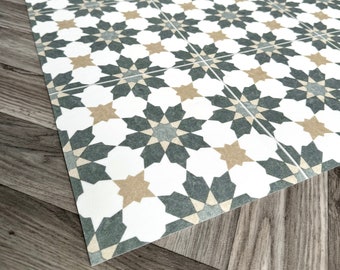 Kitchen Runner Floor Mat in Green and White Geometric Star Tile Pattern, Decorative Moroccan Style Vinyl Rug